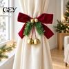 Winter Holiday Home Accents Christmas Bow Curtain Tieback with Bells, Faux Pine Branch Festive Holder, Holders Flocked Fabric Red Drapery Holdback for