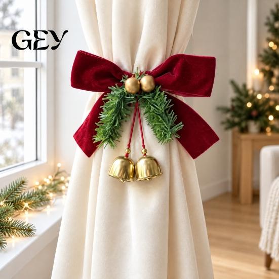 Winter Holiday Home Accents Christmas Bow Curtain Tieback with Bells, Faux Pine Branch Festive Holder, Holders Flocked Fabric Red Drapery Holdback for