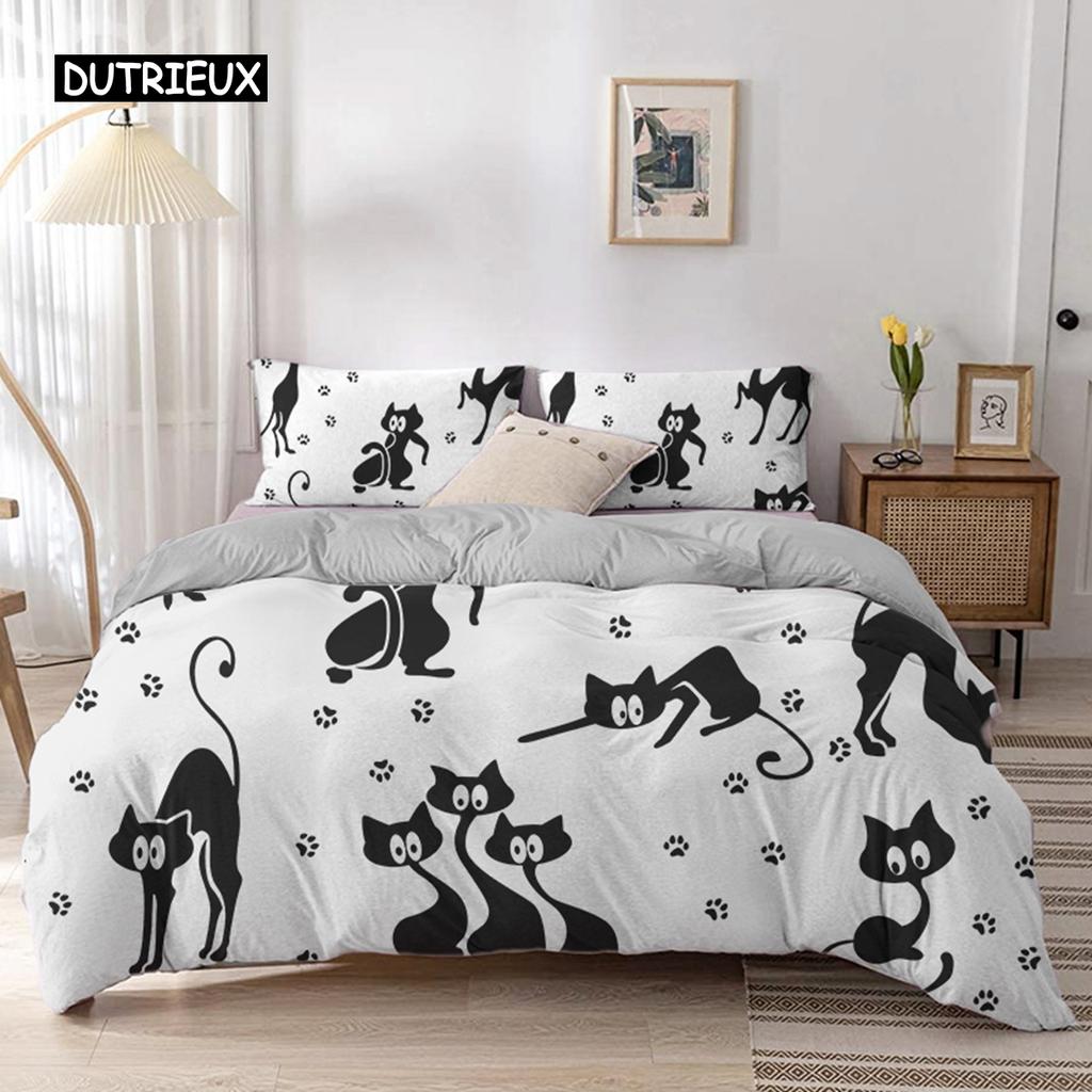 Sada povlečení na peřinu s kreslenou kočkou, sada ložního prádla s kresleným zvířecím potiskem a povlakem na polštář, 2/3dílná přikrývka do ložnice