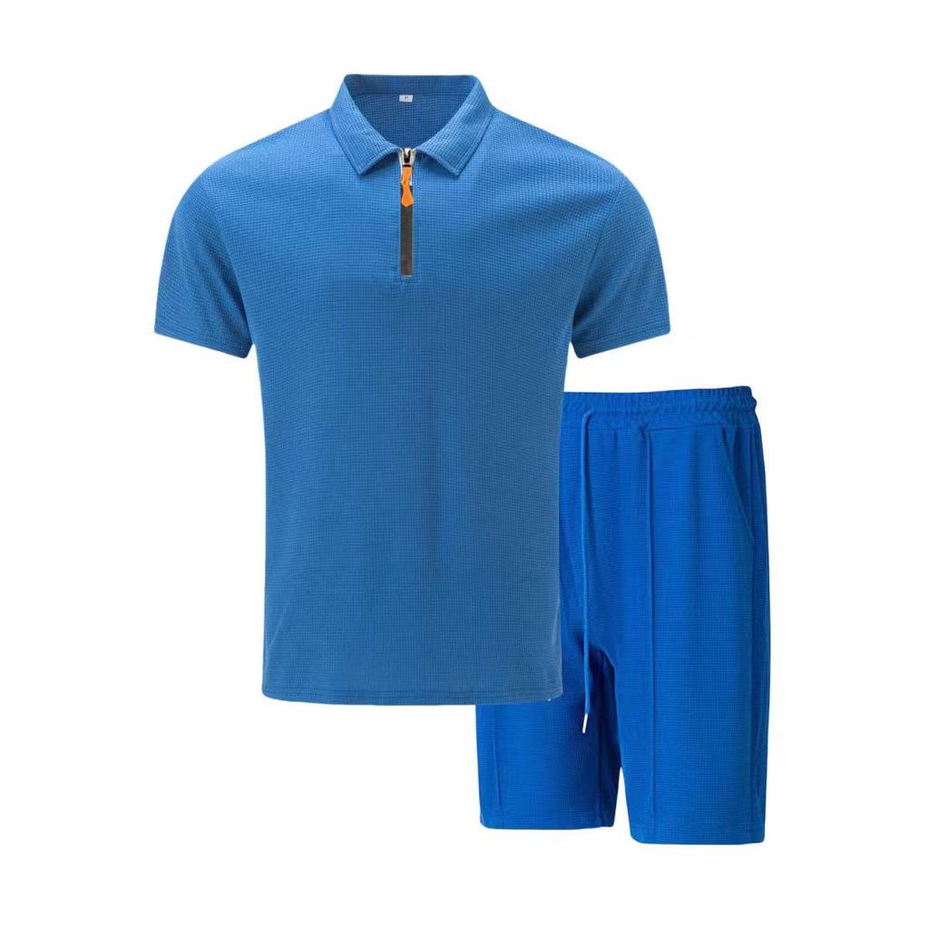 Men's Summer Waffle Knit Zipper Lapel Shorts & T-Shirt Set