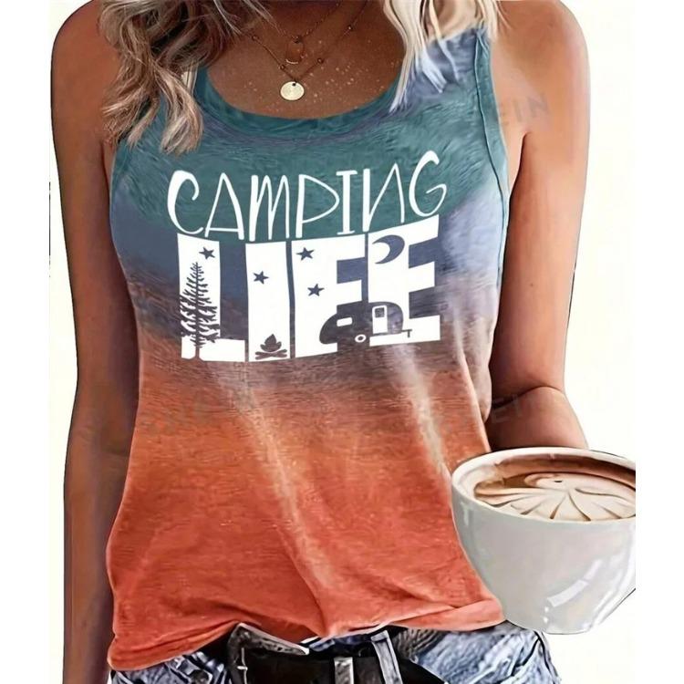 Women's Sleeveless Round-neck Vests Fashionable Coconut Tree Pattern Printed Summer Street Fashion Outdoor Beach Casual Wear