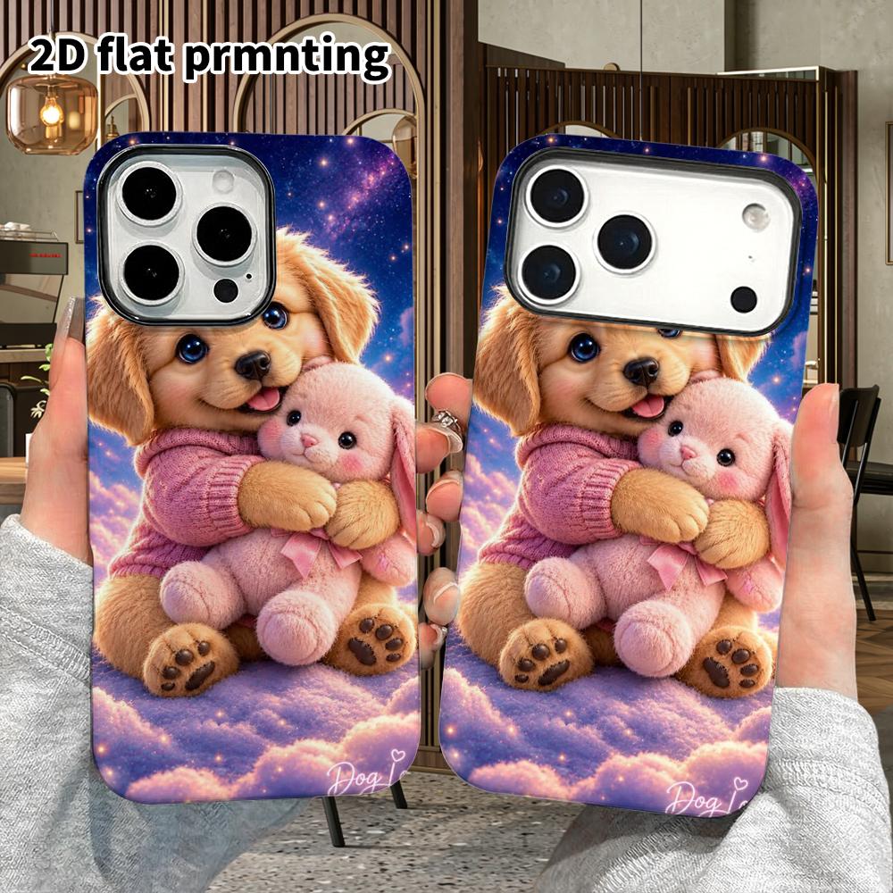 Phone Case: 2D flat design suitable for iPhone 18 17 16 15 14 13 Pro film protective case, couple style, golden retriever hugging a plush toy, Christm