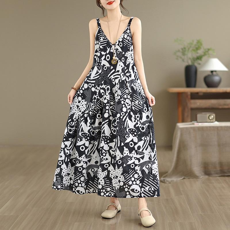 Sleeveless Strap Cotton Vintage Floral New In Dresses For Women Casual Loose Long Summer Dress Elegant Clothing