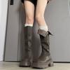 Genuine leather~ Jiaoyu pleated piled boots can be folded twice, brown long boots, thick heels and thick soles, but knee knight boots.