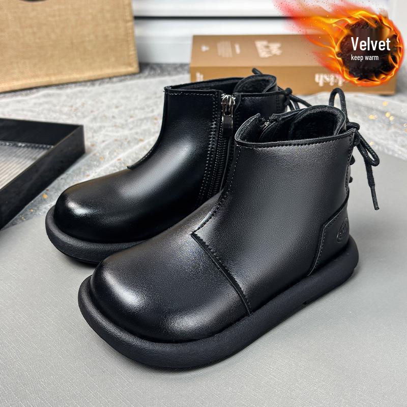 Girls' Black Martin Short Boots with Velvet - 2025 Autumn/Winter Edition Leather Princess Shoes