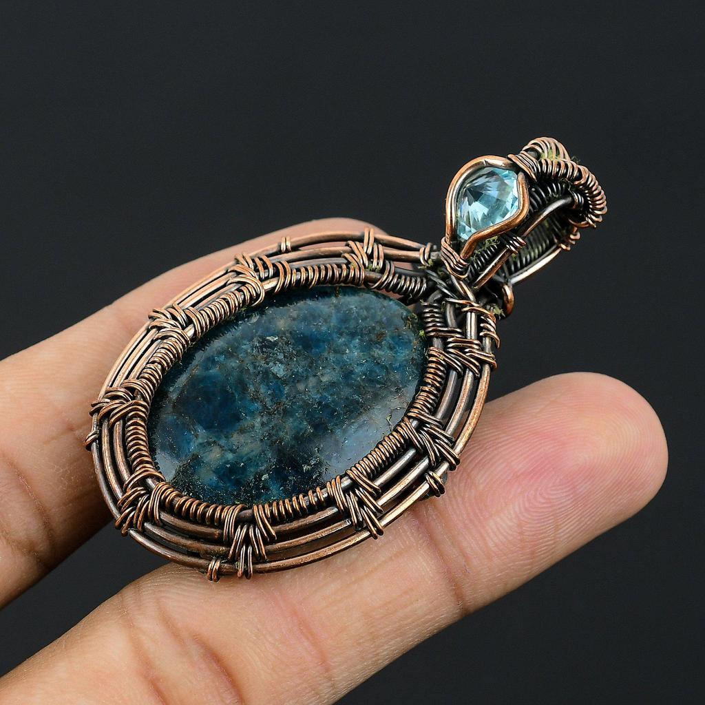 Neon Blue Apatite & Aqua Apatite Gemstone Pendant 999 Copper Wire Wrapped Jewelry, Handmade Antique Pendant Jewelry, Gift For Mother