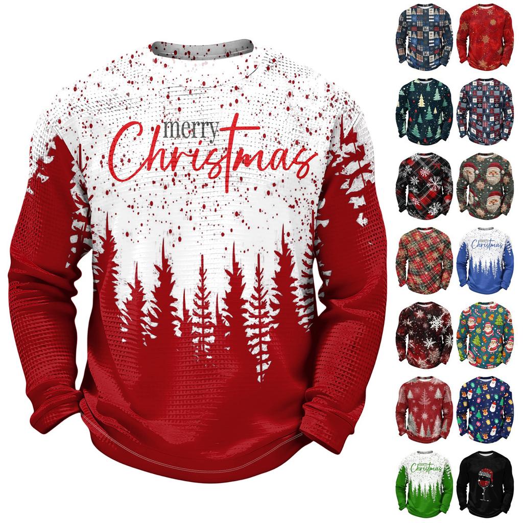 Men's Knit Long Sleeve Neck Casual Top with Christmas Print for Winter