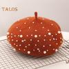 Women Beret Faux Pearl Rhinestone Decor Vintage English Style Woolen Hat No Brim Solid Color Adjustable Straps Pumpkin Cap