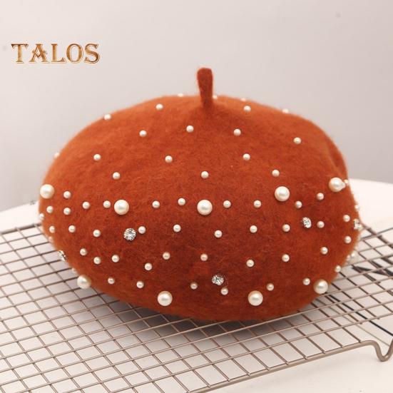 Women Beret Faux Pearl Rhinestone Decor Vintage English Style Woolen Hat No Brim Solid Color Adjustable Straps Pumpkin Cap