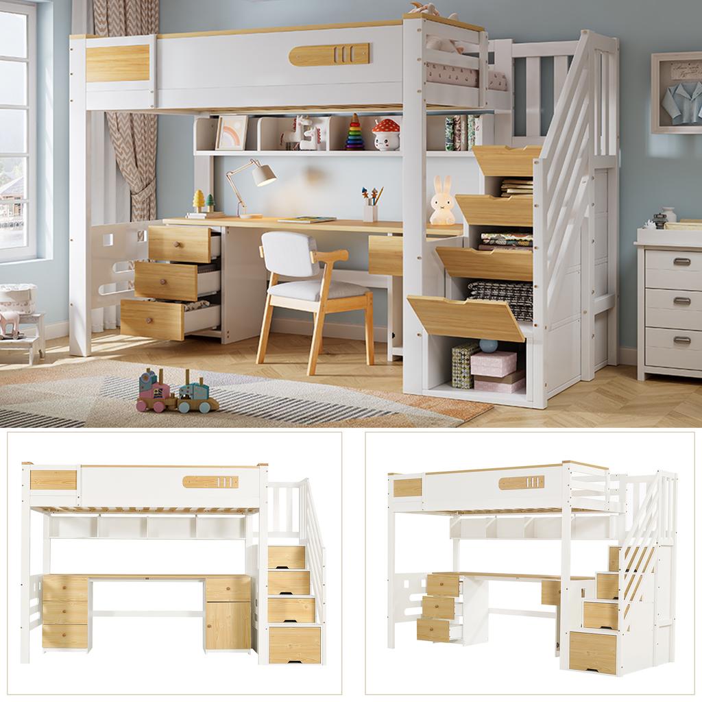 Hoogslaper 90x200 cm Wit Natuurlijk Hout, met Bureau, Lades, Opbergtrap en Hangplank, Ruimtebesparend Functioneel Bed voor Kinderkamer