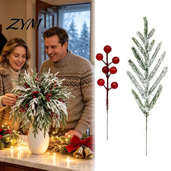 DIY Christmas Garland Decorations Artificial Snow Pine Branches And Red Berry Stems, Snowy Norfolk Stem, Faux Stems for Vase White Frosted Needles