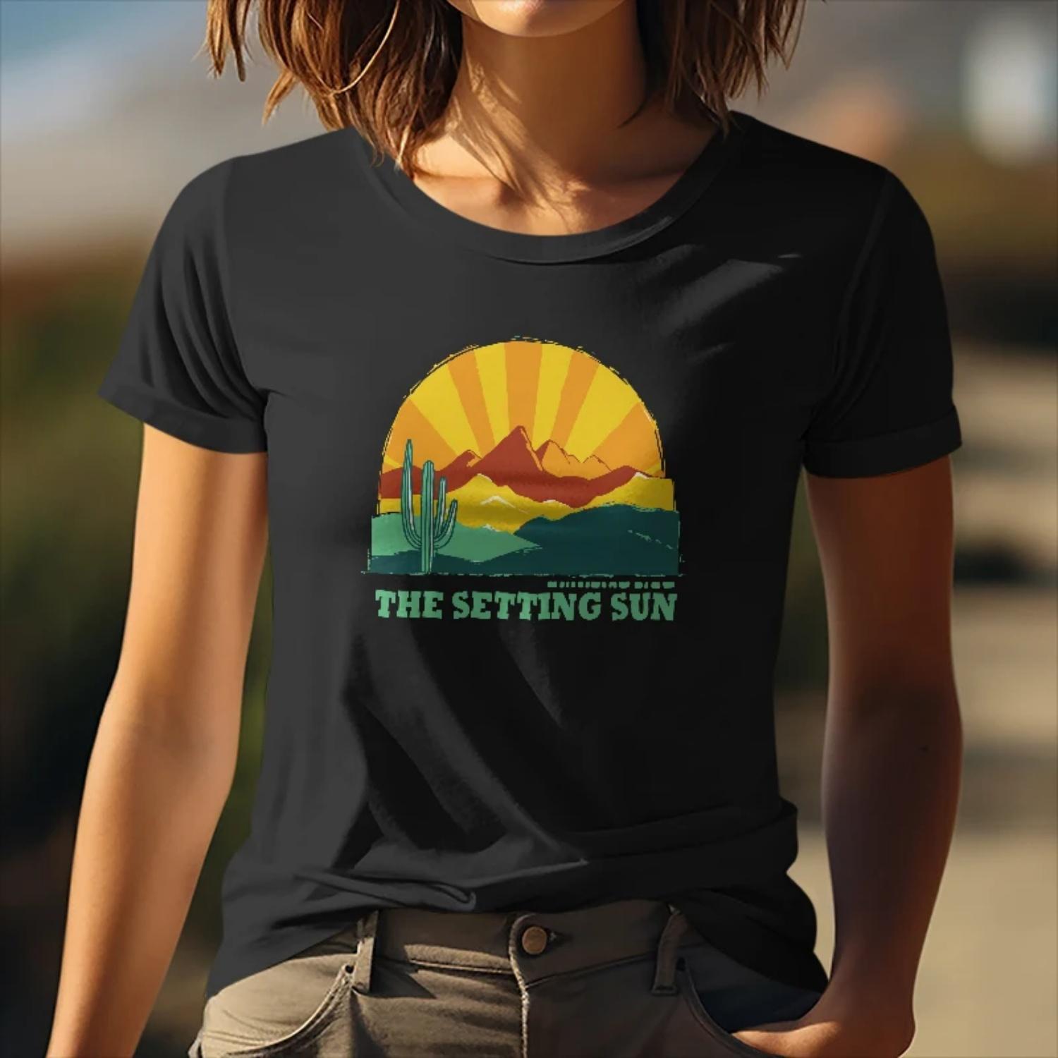 Summer Womens Short Sleeve CottonTShirtTheSettingSunDesertLandscapePrintforOutdoorEveningsYoungWomenwithaRetro inspiredStyle S чёрный