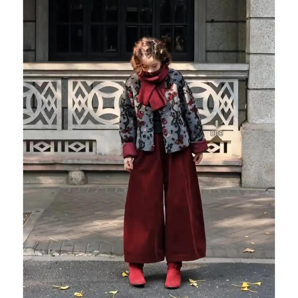 Women's Retro Winter Set: High-End Short Jacket and Slimming High-Waisted Red Wide-Leg Pants.