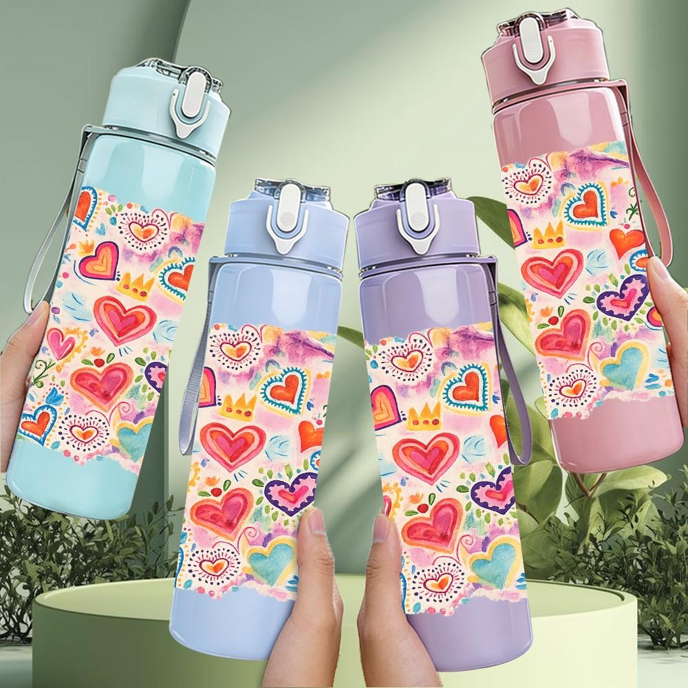1PC Heart Love Seamless Pattern Print 750ml Color Plastic Sports Water Bottle Leakproof Flip Straw Lid Suitable for Sports Office Home Use