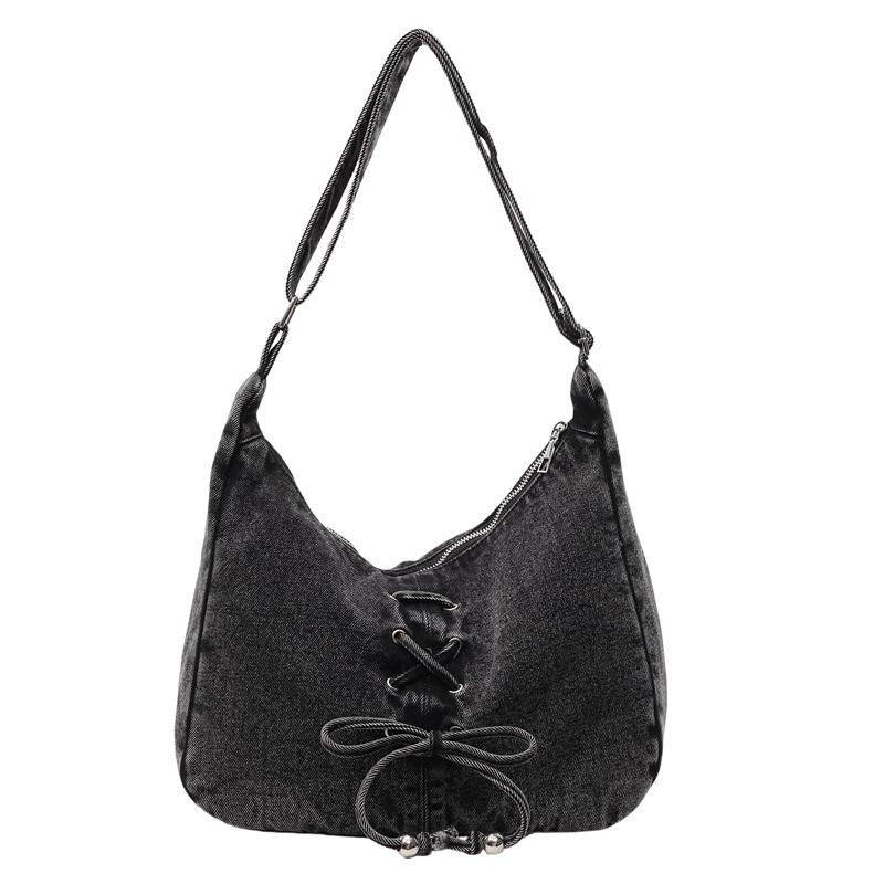 Denim Crossbody Bag Women's Bow Shoulder Bag Commuter Underarm Bag