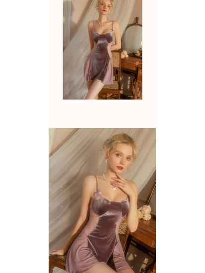 Velvet Lace Mesh Heart Pajama Set: Strappy Nightgown & Robe