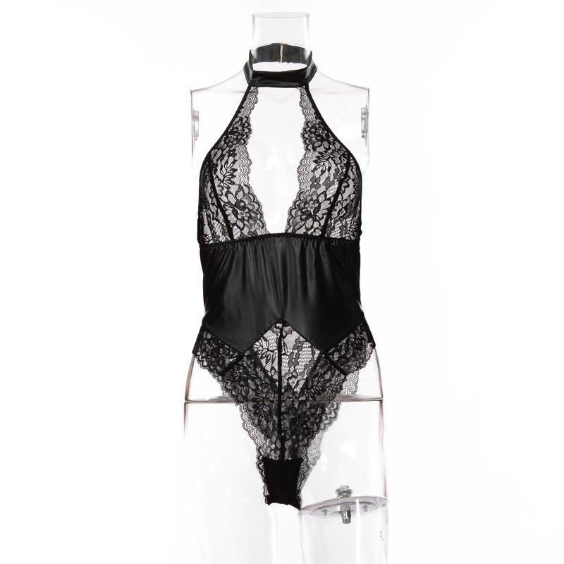 

Outfitgirl Deep V Halter Lace Patchwork Free off Women s Team Uniform Temptation Hot Passion Jumpsuit Black L