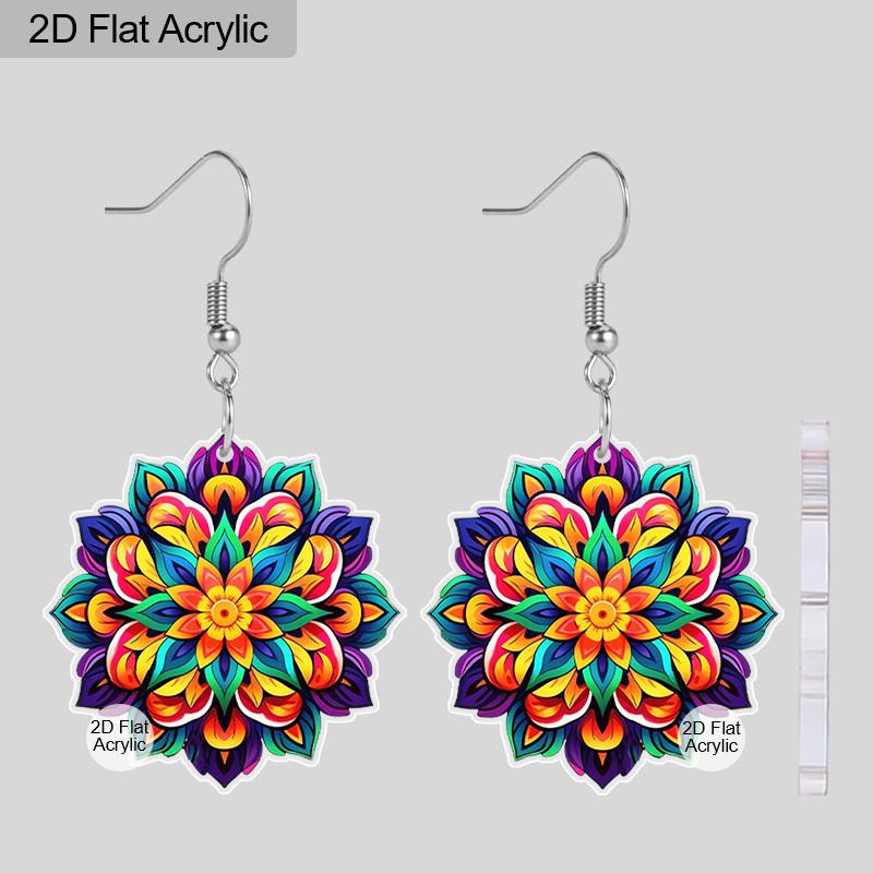 

2D Плоские Мультяшные Серьги-Подвески с Цветным Узором Мандалы и Цветами для Повседневных Нарядов и Вечеринок, Идеальный Подарок для Семьи/Друзей