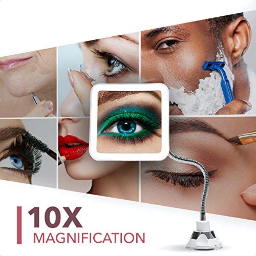 Flexible Magnifying Mirror 10X with LED Light and Gooseneck Lighted Travel Makeup Mirror Lock Suction Natural Daylight LED Cord