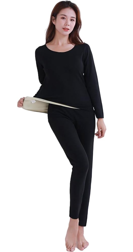 TRTRO Innerwear Long Inner and Long Round Thermal Warm and Cold Weather Wear Women's Set, Sleeves, Shirt, Pants, Neck, Innerwear, Soft, (Black 2, XL)