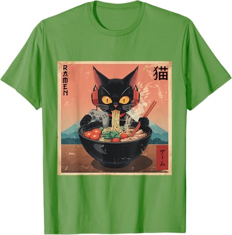 Cute Kawaii Gamer Cat Funny RaUnisex Retro Japanese Cat Gaming TShirt Y2k Kitty Controller Cartoon Graphic Tees Kitten Eat Noodles