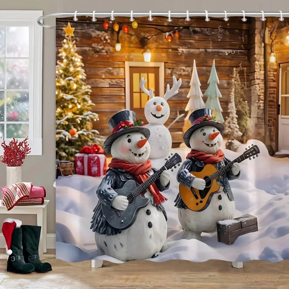 Christmas Snowman Shower Curtain Christmas Tree Winter Snow Christmas Gift Polyester Shower Curtains Bathroom Decor with Hooks
