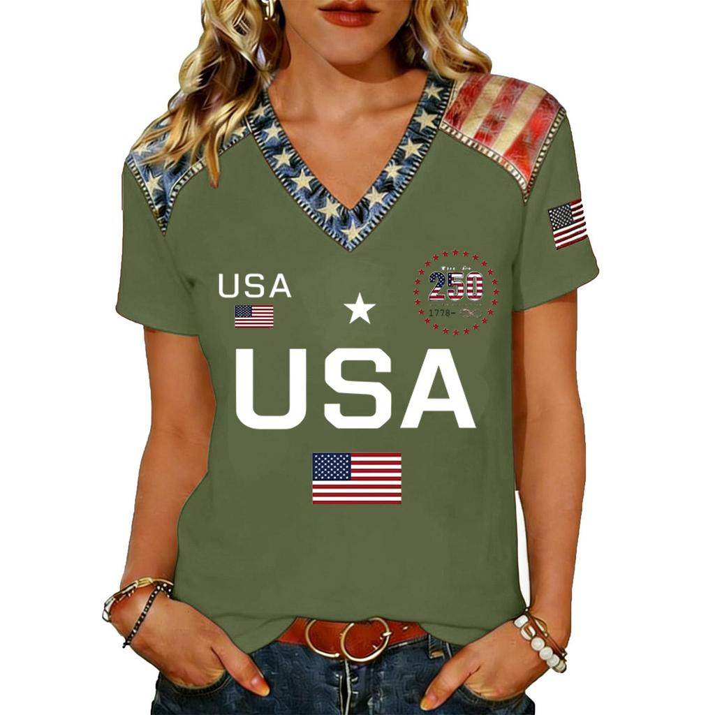 Women V Neck Short Sleeve Pullover T Shirt Top with Printed Letter and Flag Pattern Loose Fit Casual Style Comfortable Material