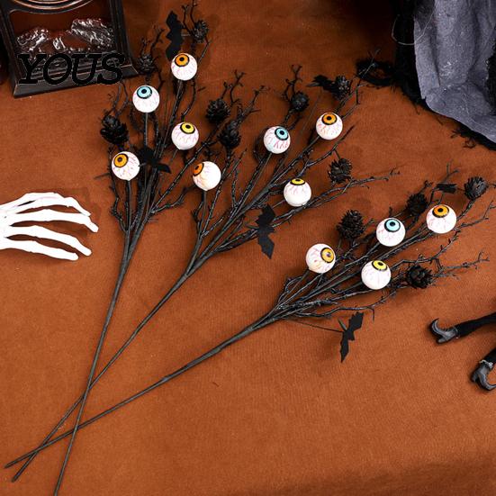 Halloween Spooky Decor Black Artificial Branches, Scary Eyeballs Picks with Bats Pine Waterproof Cones for Gothic Vase Filler, Floral