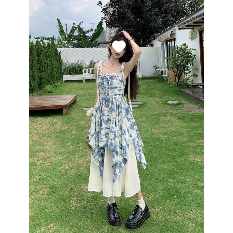 Sweet Mori Oil Painting Floral Suspender Dress Women's Summer New Thin Holiday Style Splicing Fake Two-piece Skirt