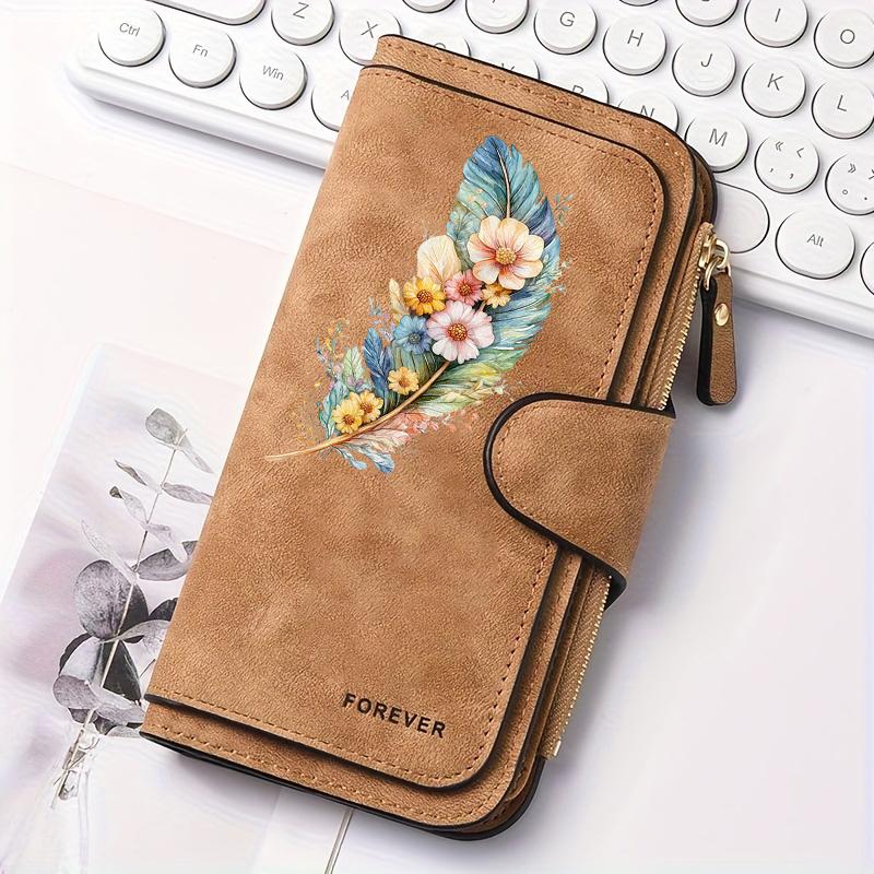 Feather and floral pattern women's long wallet| Multifunctional portable snap-button coin purse, birthday gift, suitable for daily commuting, with a