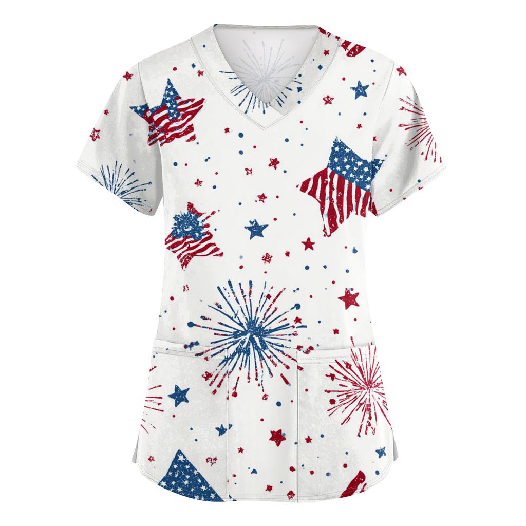 Women's Fashionable V-Neck Short-Sleeved Work Top With Pockets And Independence Day Print  Uniform