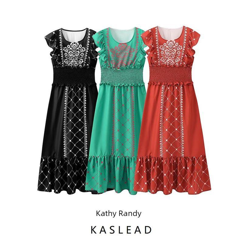 Kaslead New Arrival Women's Clothing Fashion Style Fashion Casual Three Colors Print Smocking Waist-Tight Dress