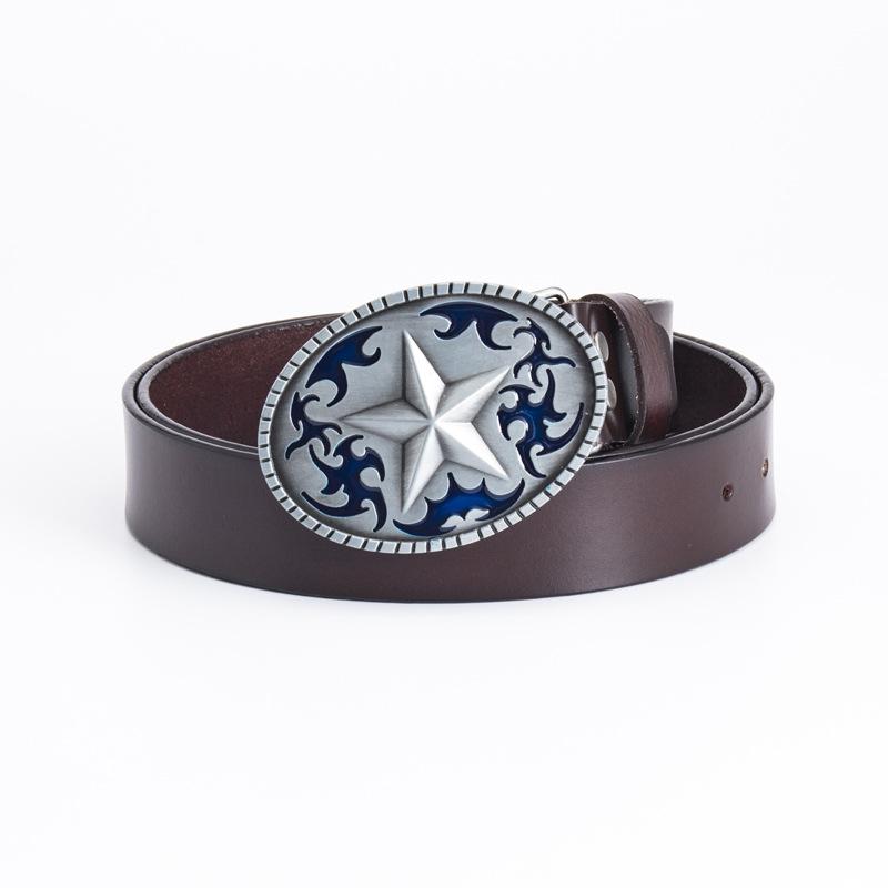 Pentagram Leather Men's Cowhide Belt Retro Smooth Buckle Wide Belt Decorative Belt