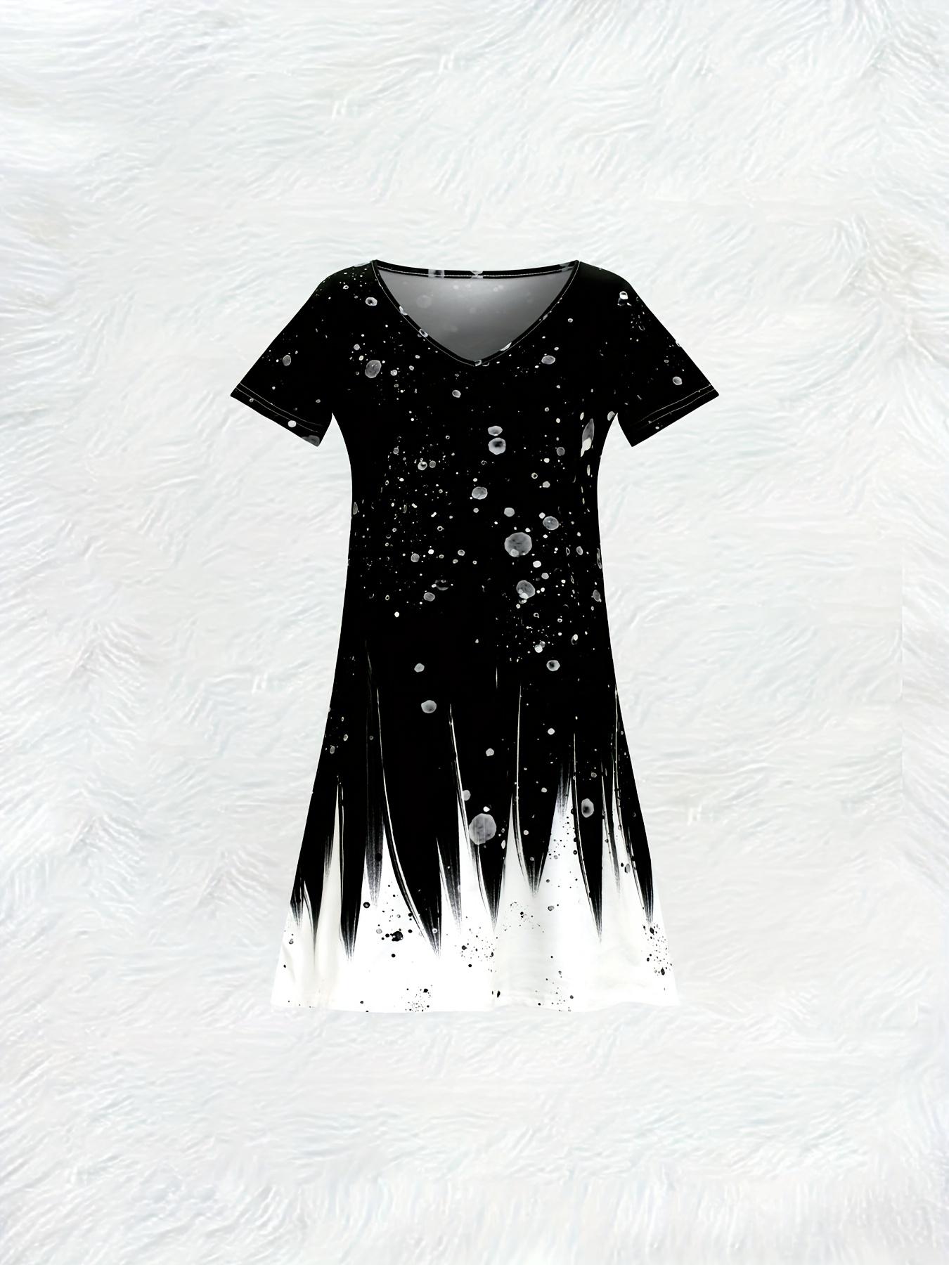 Women s Short Sleeve V Neck Dress Casual Summer Dress Black Mini Dress with White Star Print A Line Dress Lightweight S