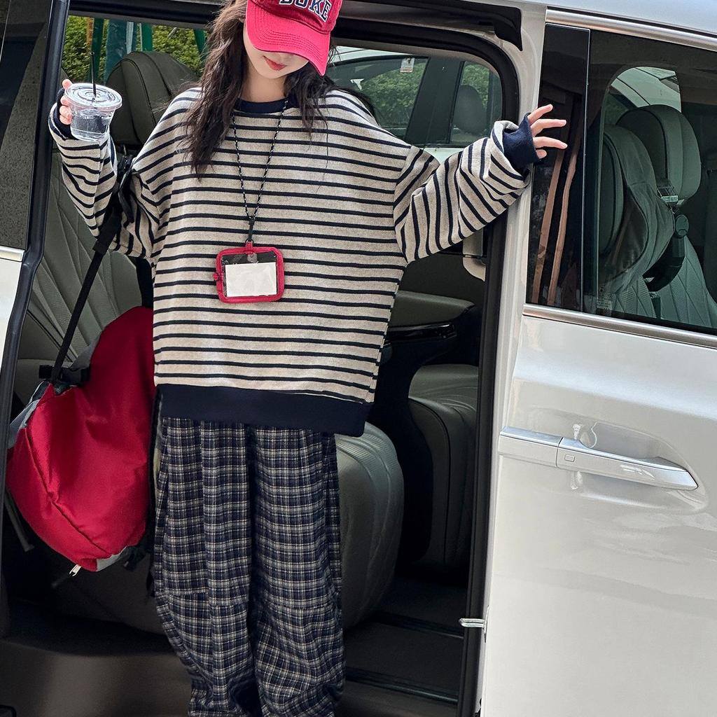 2025 Herbst Mädchen Gestreiftes Sweatshirt & Karierte Hose Set - Koreanische Studentenmode, Lässiges Zweiteiler