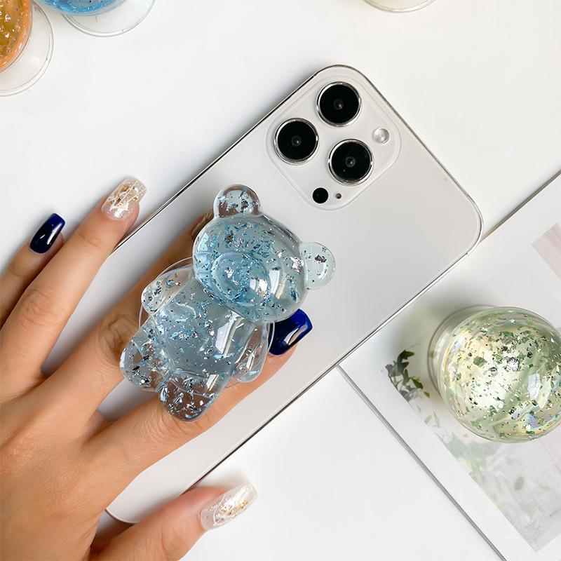 Epoxy Silver Foil Transparent Bear Mobile Phone Holder Creative Airbag Desktop Stable Support Portable Telescopic