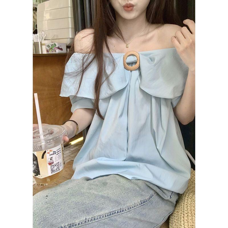 

French Style Temperament Stylish Ruffles off-Shoulder Shirt Women s Clothing Summer Gentle Younger Blue off-the-Shoulder Tops Blue One size