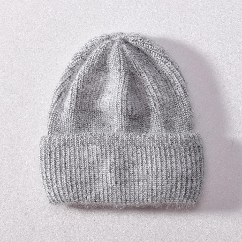 Autumn and winter mixed color rabbit velvet long hair knitted hat double-layer folded edge soft waxy comfortable versatile wool hat