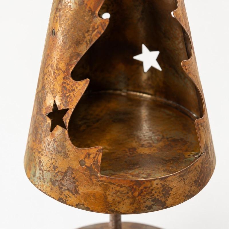 Rust Design Iron Candle Display in a Christmas Tree Shape with Star Detail and Aged Finish for Holiday Dinners and Living Room