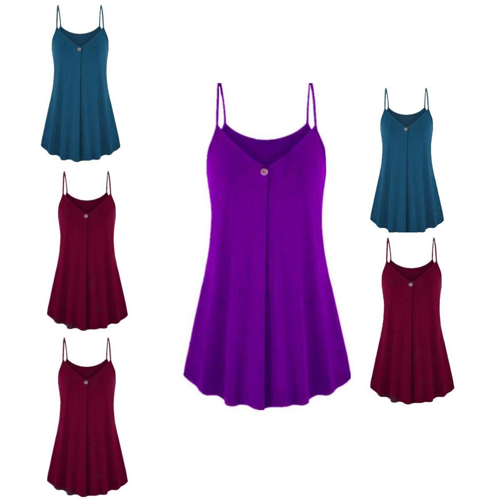 Elegant Women's Fashion Summer Plus V-neck Sleeveless Button Loose Hem T Shirt
