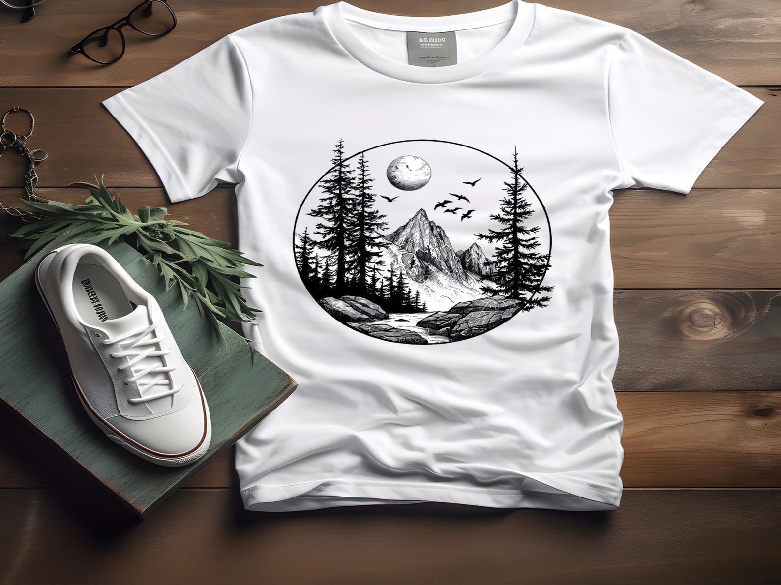 Woodcut Pine Trees T-Shirt: Nature Camping Outdoors Tee L