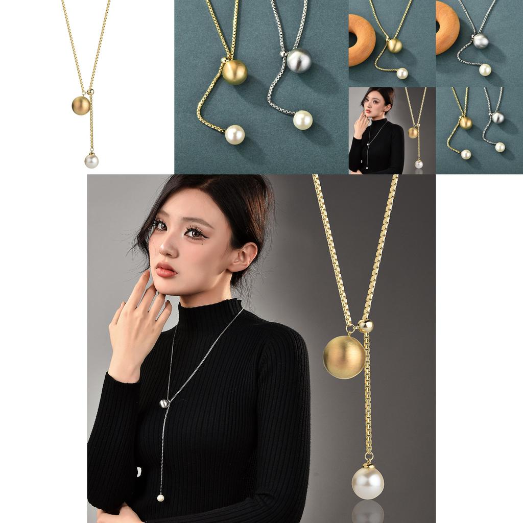 Chic Pull And Slide Pearl Long Pendant Necklace With Sleek Snake Chain For Fashionable Women