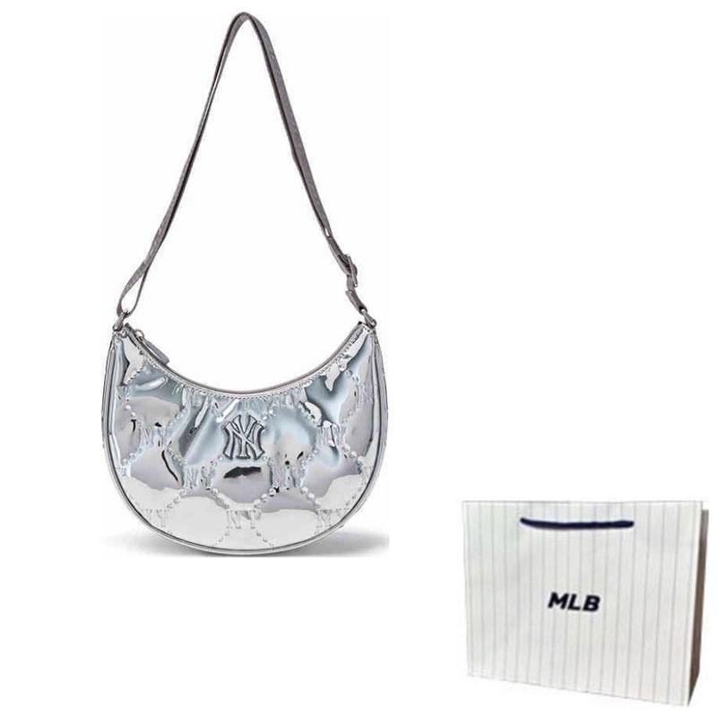 MLB 25SS New York Yankees Dark Pattern Presbyopia Printed NY Underarm Hand-Body Bag Solid Color Shoulder Bag Women’s /Milk White Logo Silver (Pack)