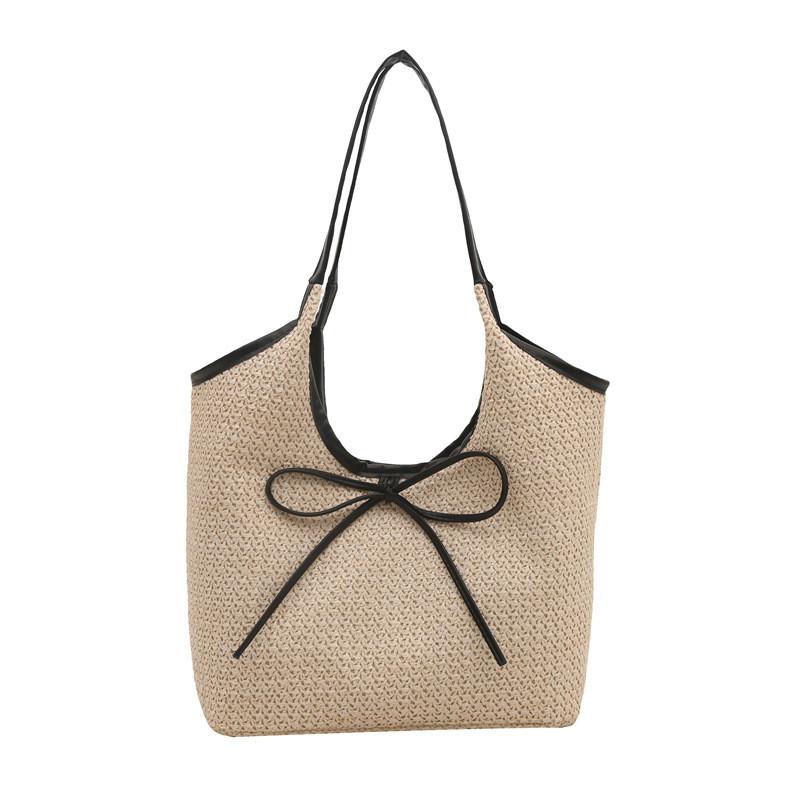 Fashion Color Blocked Bow Decoration Women Casual Woven Tote Bag For Daily Use