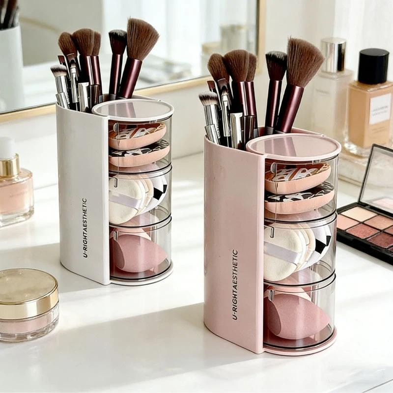 360-Degree Rotating Cosmetic Storage Box Dustproof Multi-Functional For Storing Brushes Sponges And Lipstick