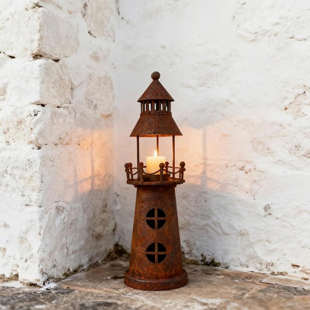 Metal Lighthouse Candle Holder with Rusted Finish Rustic for Mantel, Entryway