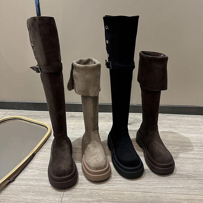 2025 Fall/Winter Women's Fold-Over Chunky-Heeled Knee-High Riding Boots