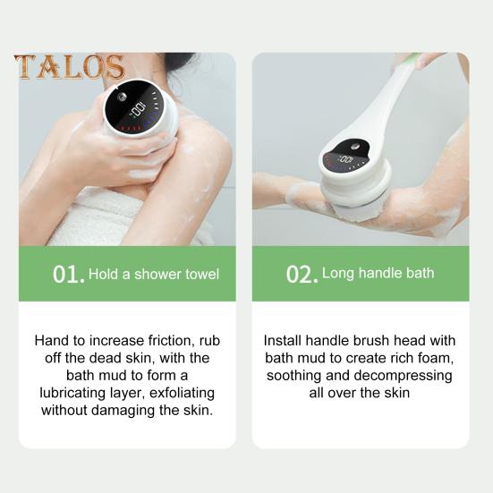 Elektrický koupelový kartáč s 5 kartáčovými hlavicemi Vodotěsný Dobíjecí Design s dlouhou rukojetí 3-rychlostní rotace Sprchový masážní kartáč