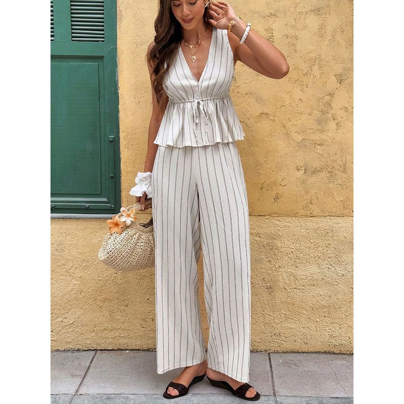 Striped Vest and Pants Set Western Style New Temperament Stripe Vest + Straight Pants Set
