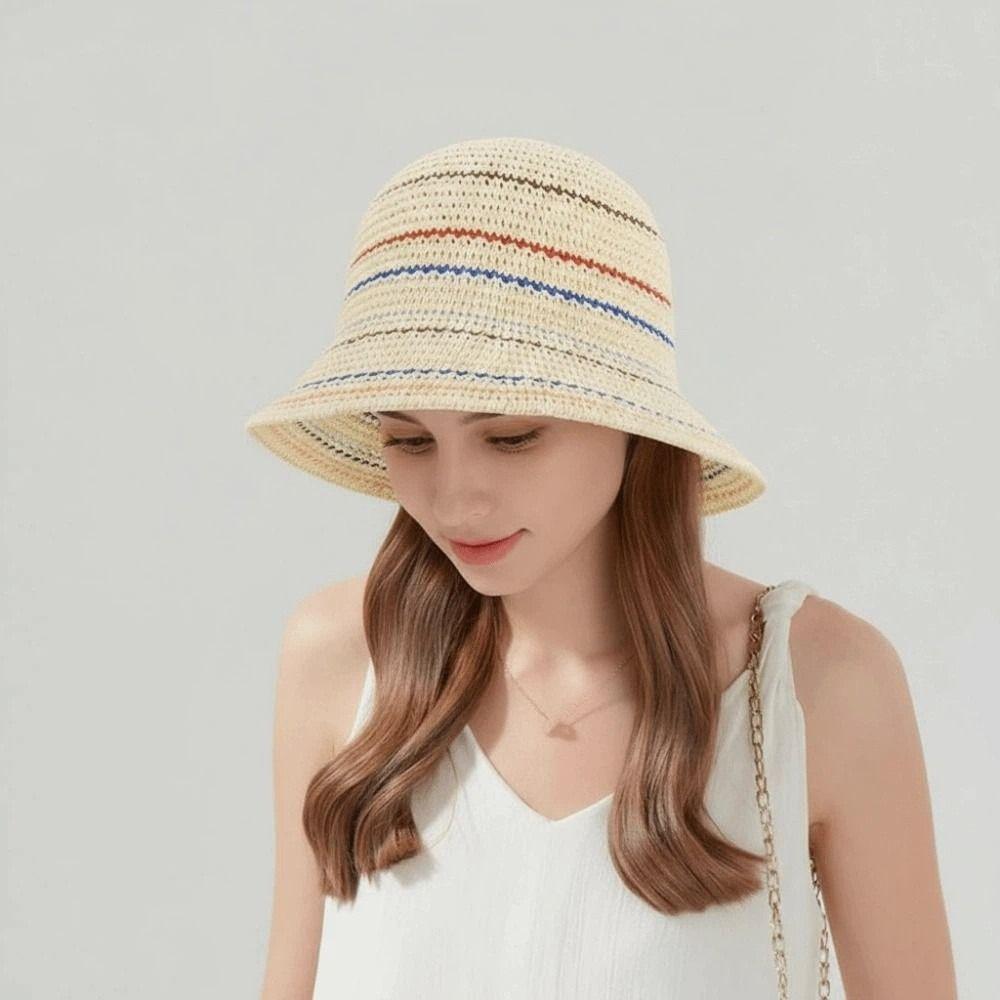 Breathable Knitted Bucket Hat Temperament Colorful Striped Fisherman Hat Vacation